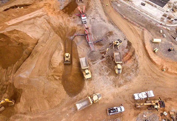 Aerial view of site development and utility work